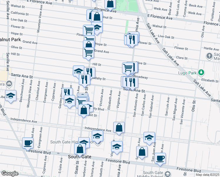 map of restaurants, bars, coffee shops, grocery stores, and more near 3380 Santa Ana Street in South Gate