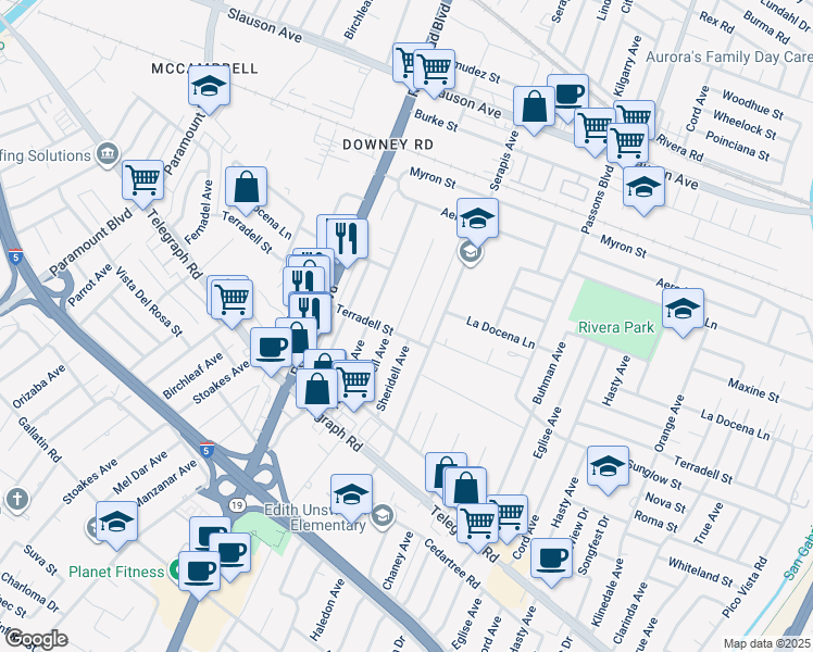 map of restaurants, bars, coffee shops, grocery stores, and more near 8340 Cravell Ave in Pico Rivera