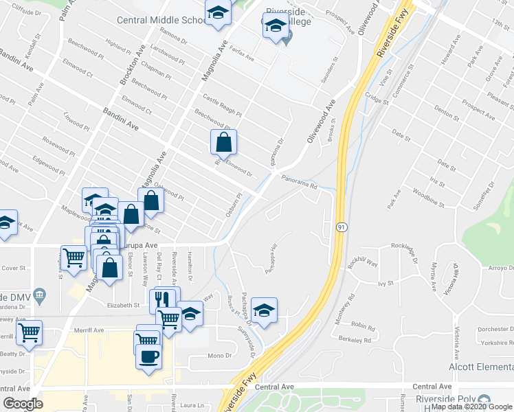 map of restaurants, bars, coffee shops, grocery stores, and more near 5452 Olivewood Avenue in Riverside
