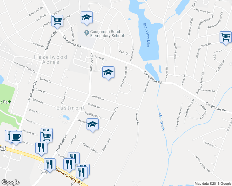 map of restaurants, bars, coffee shops, grocery stores, and more near 184 Caughman Ridge Road in Columbia