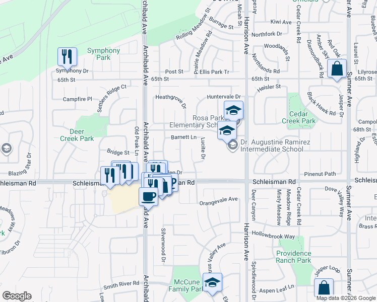 map of restaurants, bars, coffee shops, grocery stores, and more near 6863 Moonflower Court in Corona