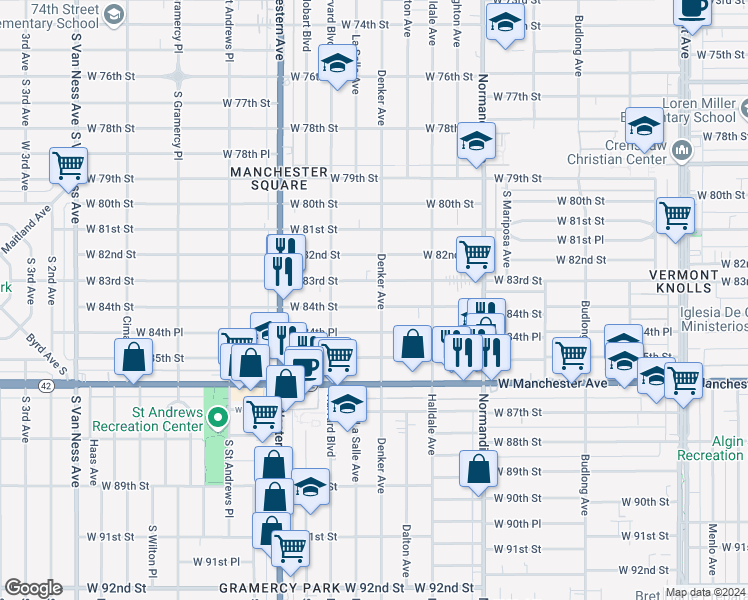 map of restaurants, bars, coffee shops, grocery stores, and more near 1607 West 84th Street in Los Angeles