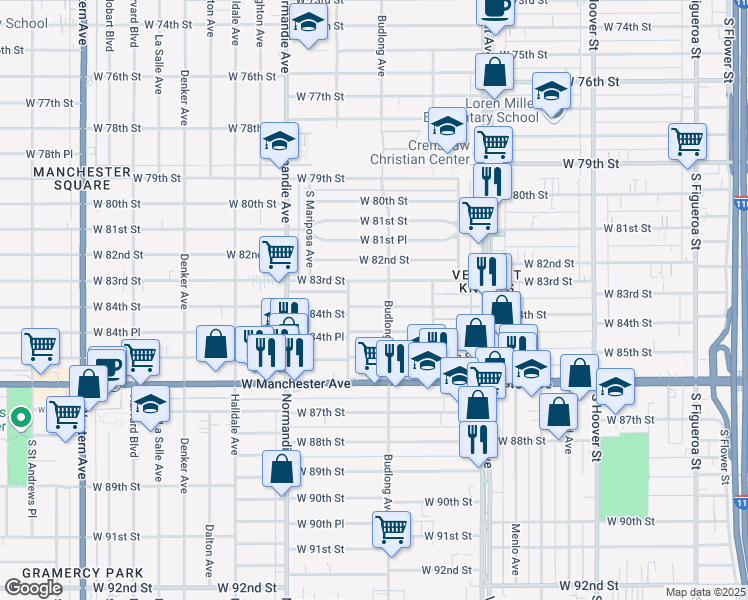 map of restaurants, bars, coffee shops, grocery stores, and more near 1215 West 84th Street in Los Angeles