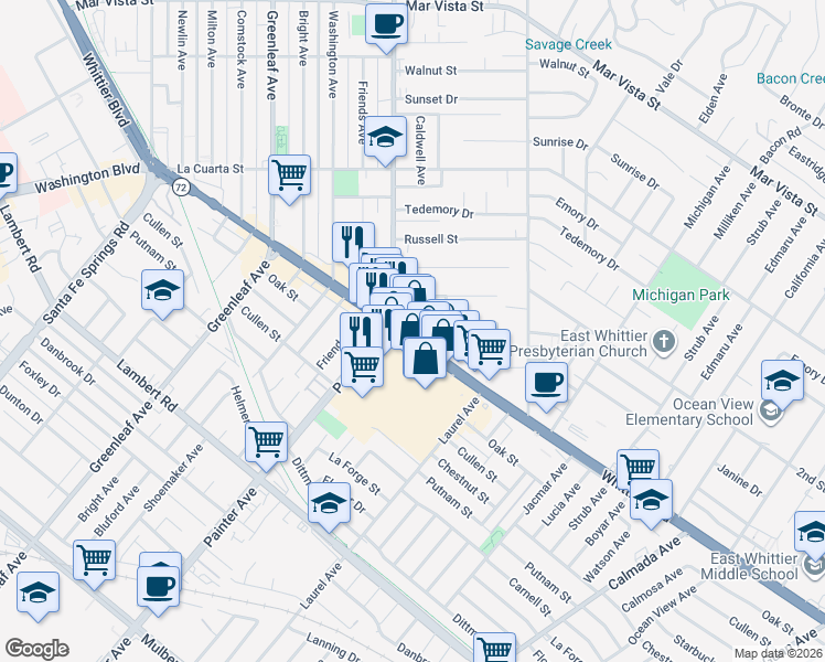 map of restaurants, bars, coffee shops, grocery stores, and more near 13421 Whittier Boulevard in Whittier