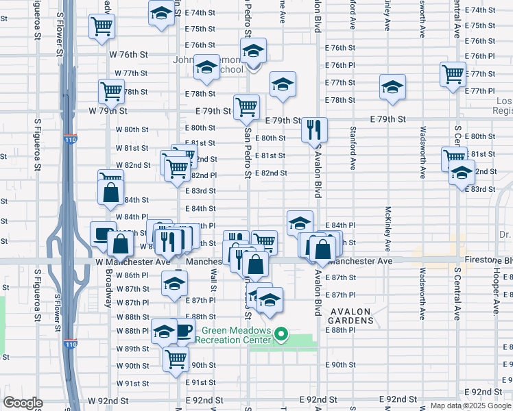 map of restaurants, bars, coffee shops, grocery stores, and more near 315 E 84th St in Los Angeles