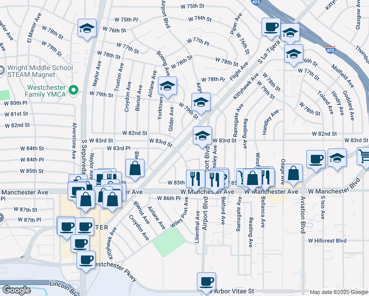 map of restaurants, bars, coffee shops, grocery stores, and more near 8337 Kittyhawk Avenue in Los Angeles