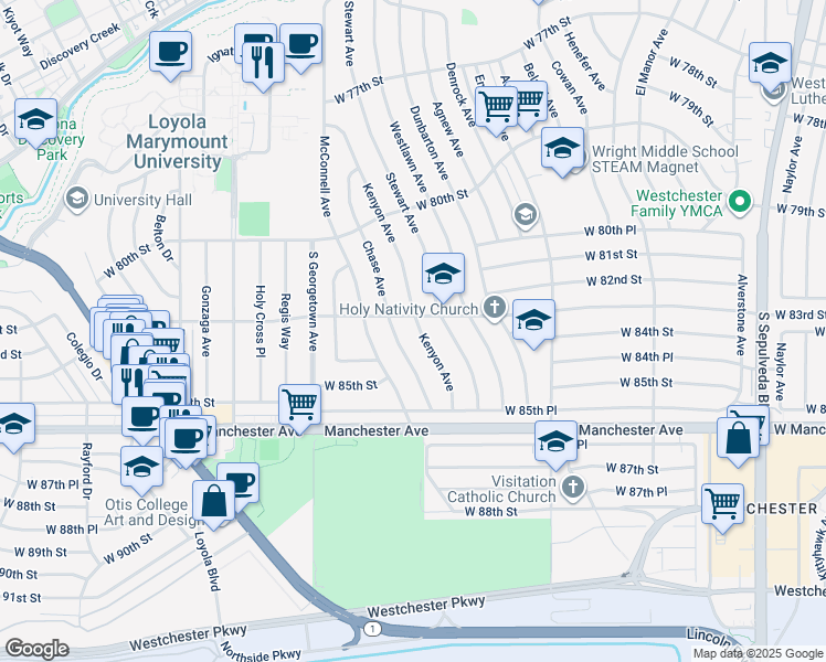 map of restaurants, bars, coffee shops, grocery stores, and more near 8311 Kenyon Avenue in Los Angeles