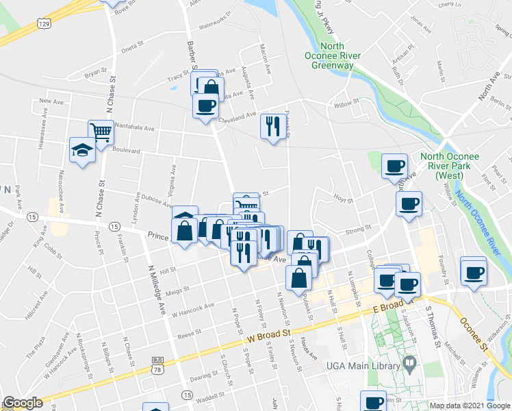 map of restaurants, bars, coffee shops, grocery stores, and more near 185 Childs Street in Athens