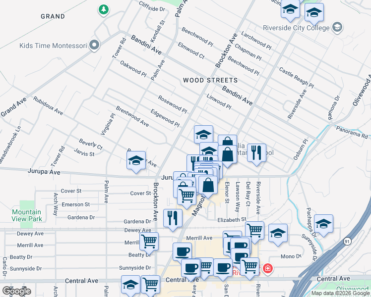 map of restaurants, bars, coffee shops, grocery stores, and more near 4071 Maplewood Place in Riverside