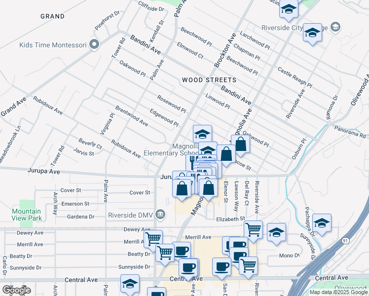 map of restaurants, bars, coffee shops, grocery stores, and more near 4061 Maplewood Place in Riverside