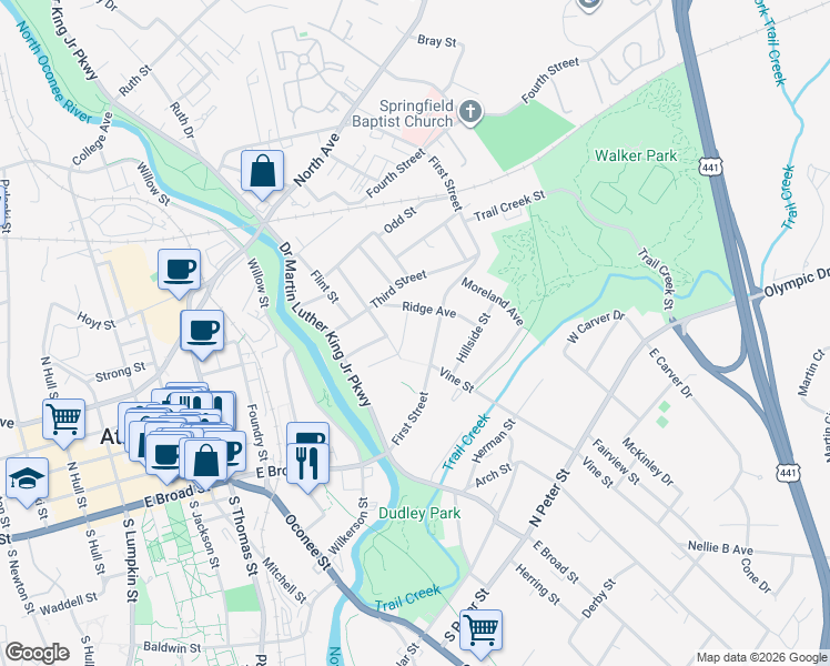 map of restaurants, bars, coffee shops, grocery stores, and more near 158 Chicopee Boulevard in Athens