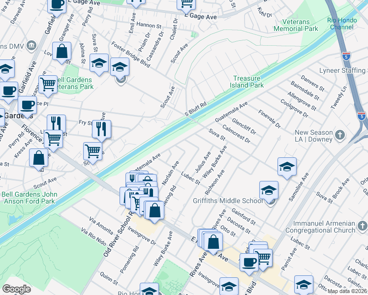 map of restaurants, bars, coffee shops, grocery stores, and more near 7421 Ivo Street in Downey
