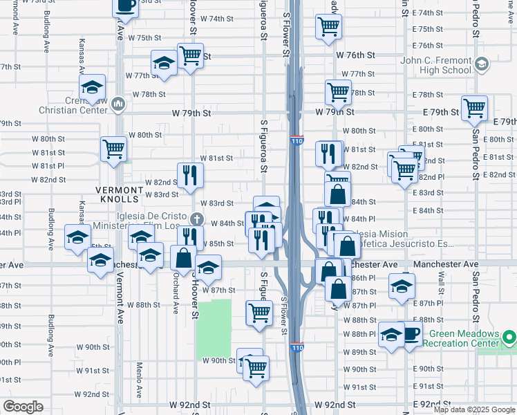 map of restaurants, bars, coffee shops, grocery stores, and more near 8406 South Figueroa Street in Los Angeles
