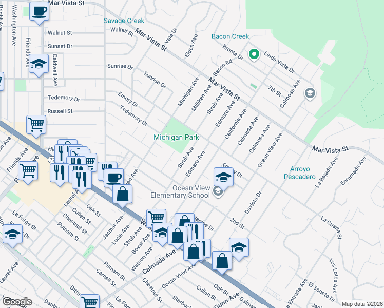 map of restaurants, bars, coffee shops, grocery stores, and more near 8346 Strub Avenue in Whittier