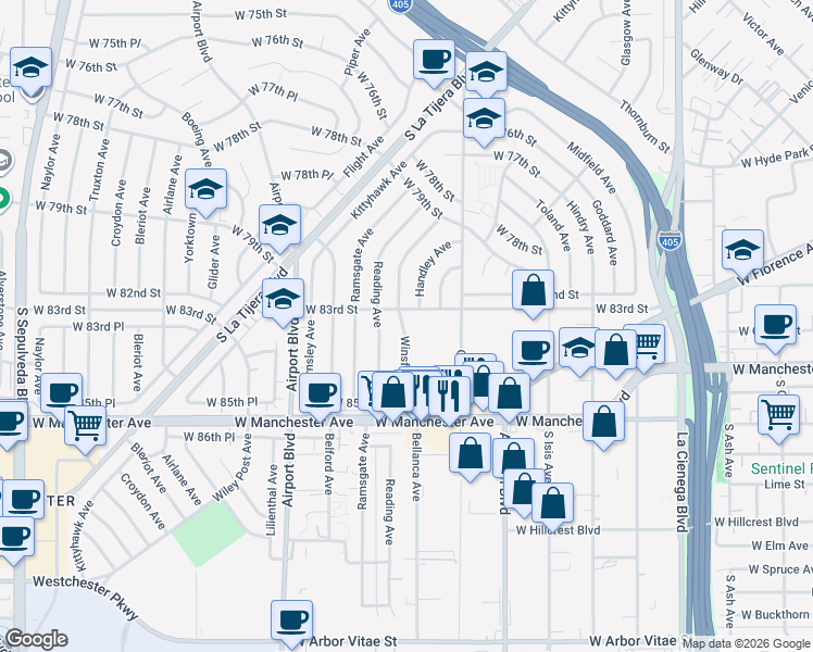 map of restaurants, bars, coffee shops, grocery stores, and more near 8336 Winsford Avenue in Los Angeles