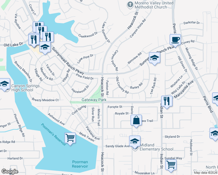 map of restaurants, bars, coffee shops, grocery stores, and more near 10890 Fenton Road in Moreno Valley