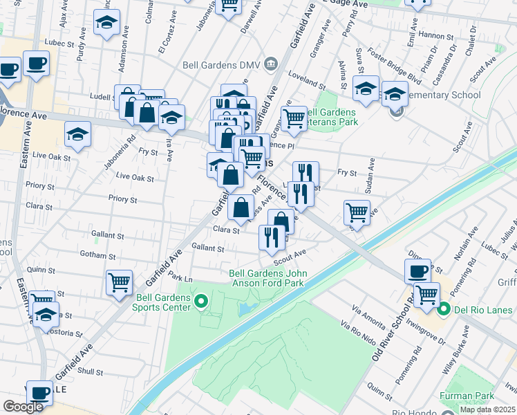 map of restaurants, bars, coffee shops, grocery stores, and more near 7543 Kress Avenue in Bell Gardens