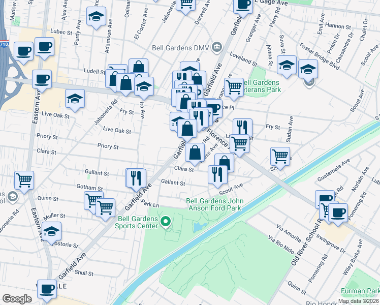 map of restaurants, bars, coffee shops, grocery stores, and more near 7565 Perry Road in Bell Gardens