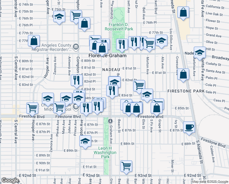 map of restaurants, bars, coffee shops, grocery stores, and more near 8255 Beach Street in Los Angeles