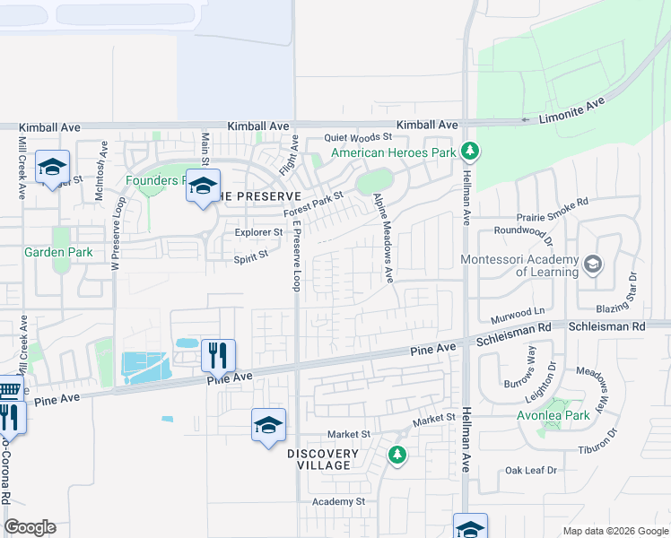 map of restaurants, bars, coffee shops, grocery stores, and more near 16113 Alamo Court in Chino