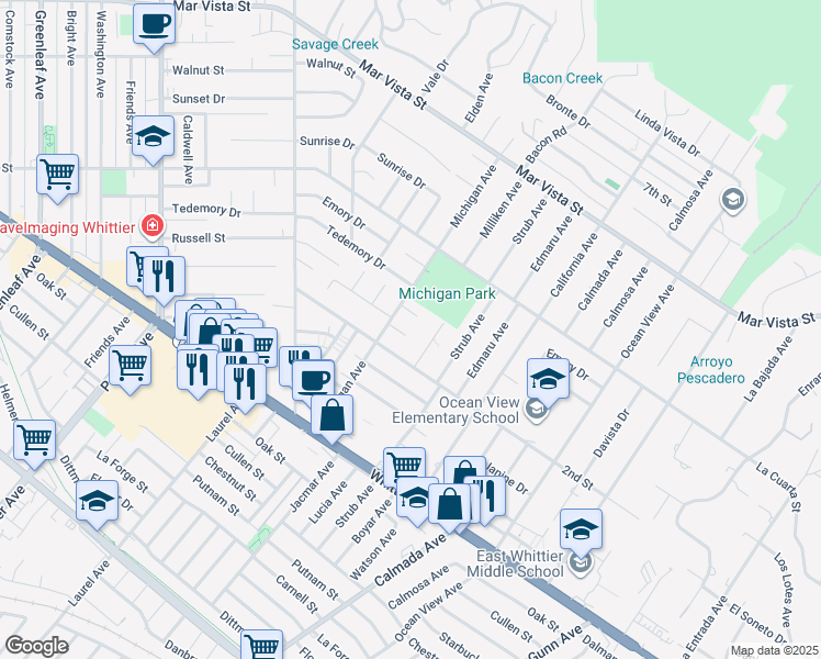map of restaurants, bars, coffee shops, grocery stores, and more near 14021 Valna Drive in Whittier