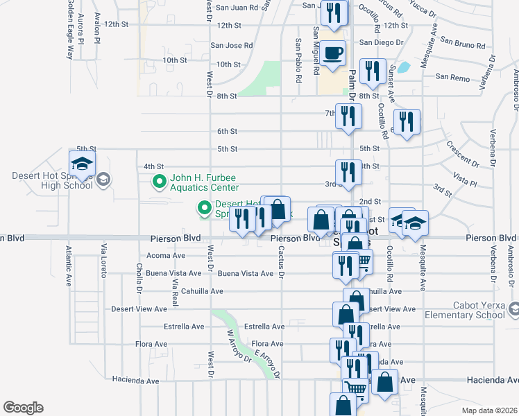 map of restaurants, bars, coffee shops, grocery stores, and more near 66199 2nd Street in Desert Hot Springs