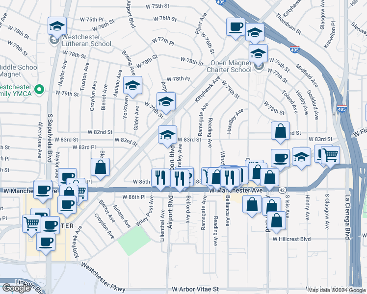 map of restaurants, bars, coffee shops, grocery stores, and more near 8312 Barnsley Avenue in Los Angeles