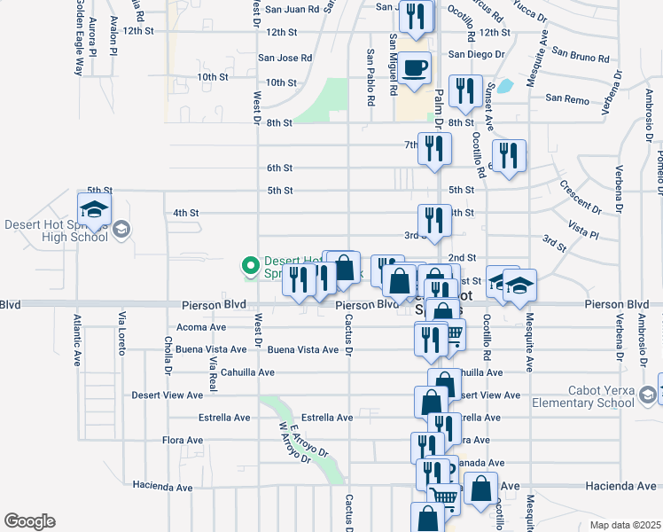 map of restaurants, bars, coffee shops, grocery stores, and more near 66199 2nd Street in Desert Hot Springs