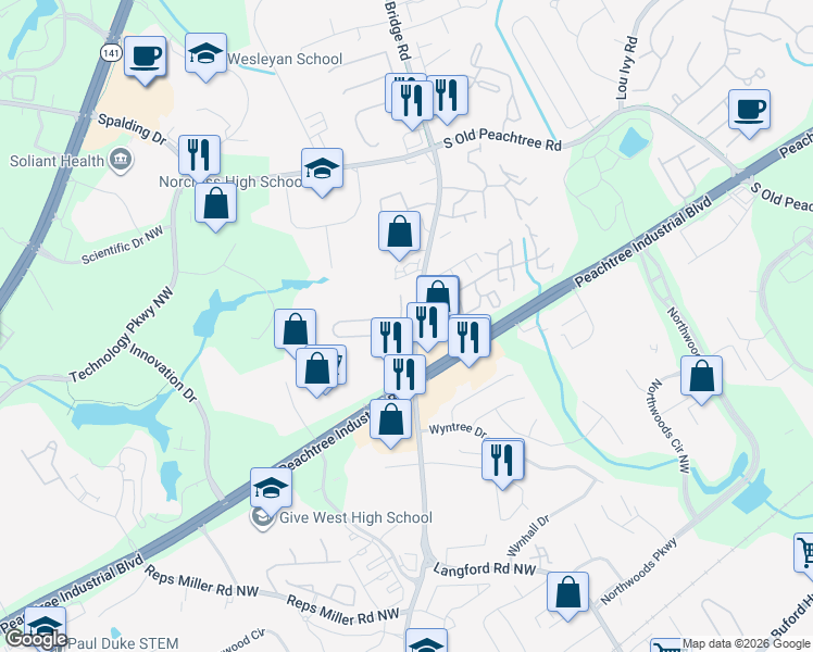 map of restaurants, bars, coffee shops, grocery stores, and more near 5220 Medlock Corners Drive in Norcross