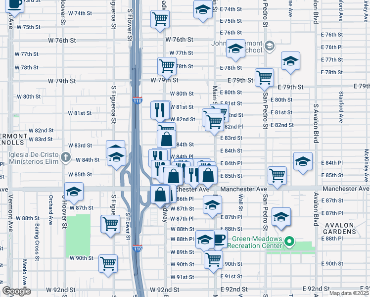 map of restaurants, bars, coffee shops, grocery stores, and more near 212 West 84th Street in Los Angeles