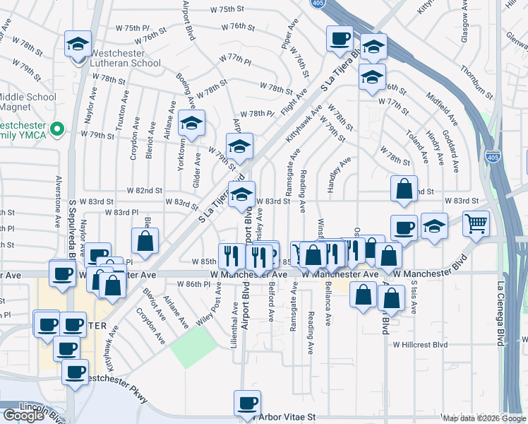 map of restaurants, bars, coffee shops, grocery stores, and more near 8312 Barnsley Avenue in Los Angeles