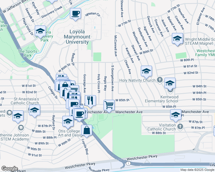 map of restaurants, bars, coffee shops, grocery stores, and more near 8306 Regis Way in Los Angeles