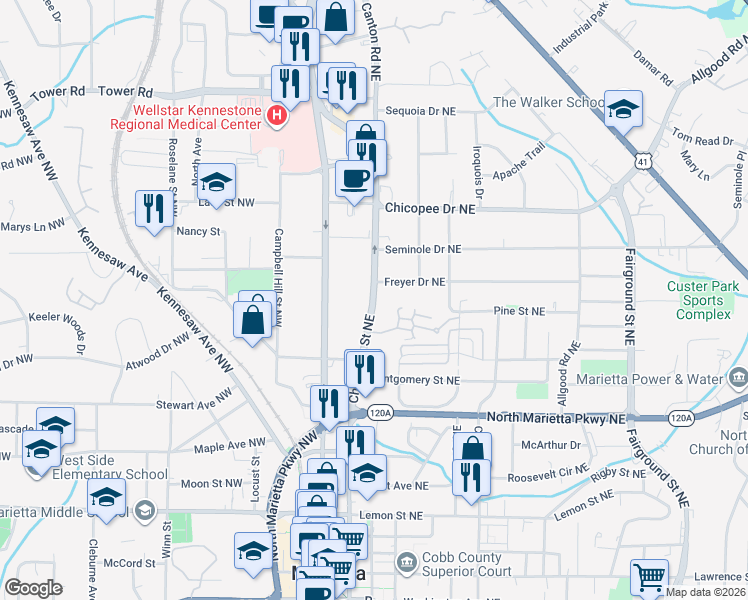 map of restaurants, bars, coffee shops, grocery stores, and more near 465 Cherokee Street in Marietta