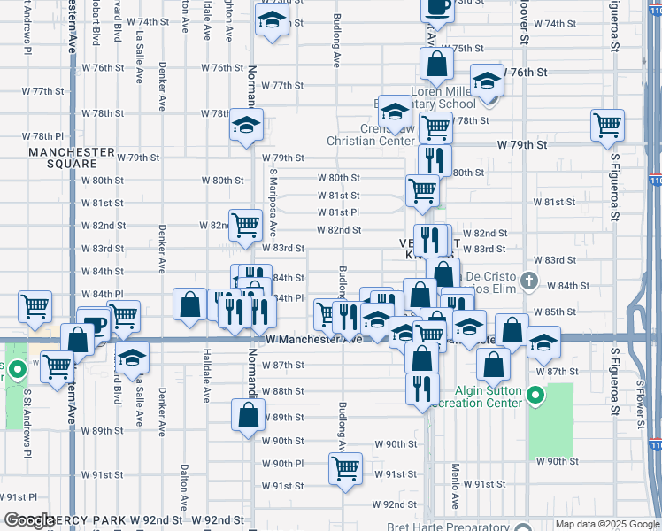 map of restaurants, bars, coffee shops, grocery stores, and more near 1215 West 84th Street in Los Angeles