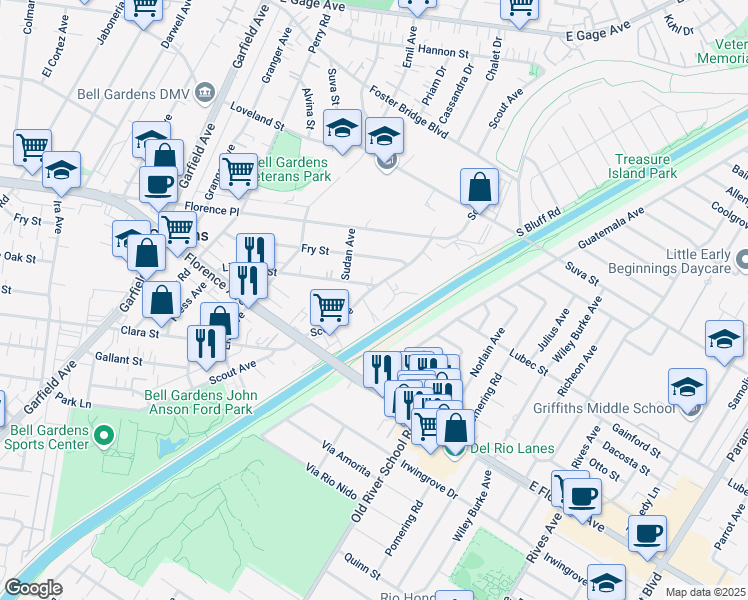 map of restaurants, bars, coffee shops, grocery stores, and more near 7424 Scout Avenue in Bell Gardens