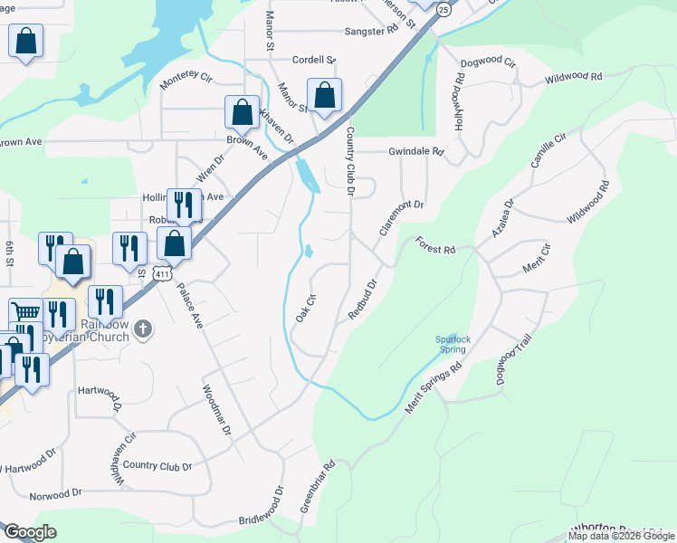 map of restaurants, bars, coffee shops, grocery stores, and more near 411 Country Club Drive in Gadsden