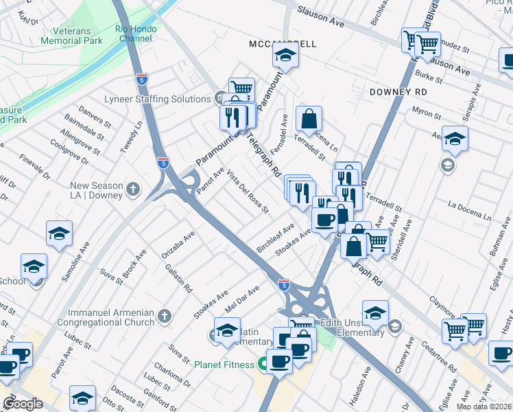 map of restaurants, bars, coffee shops, grocery stores, and more near 8322 Vista Del Rosa Street in Downey