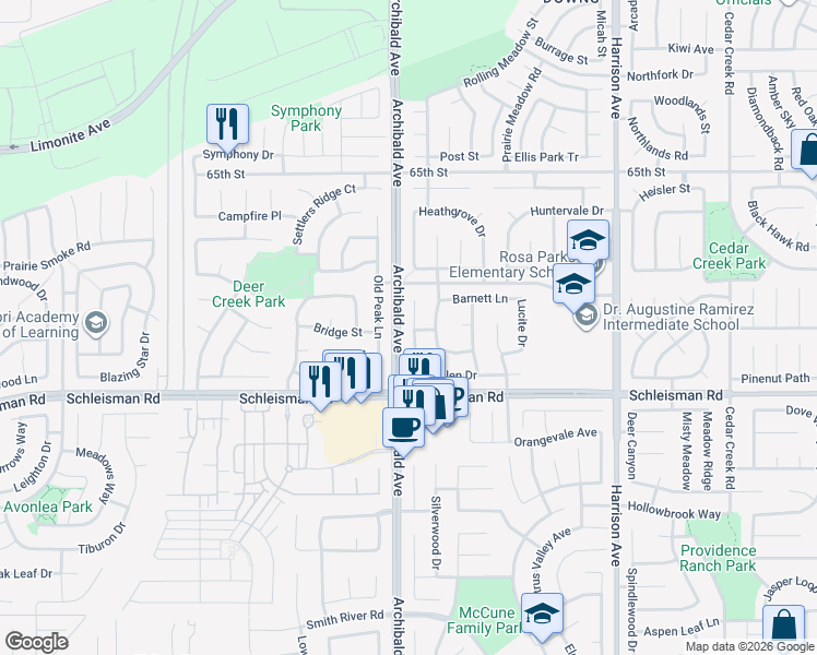 map of restaurants, bars, coffee shops, grocery stores, and more near 6875 Riverglen Drive in Corona
