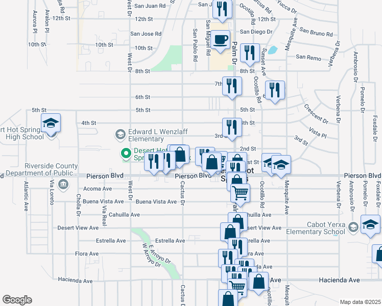 map of restaurants, bars, coffee shops, grocery stores, and more near 66291 2nd Street in Desert Hot Springs