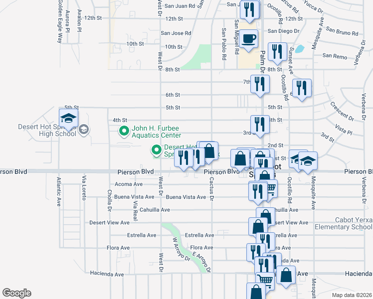 map of restaurants, bars, coffee shops, grocery stores, and more near 66125 2nd Street in Desert Hot Springs