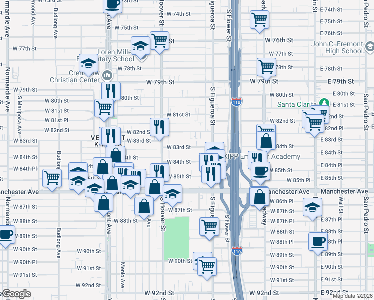 map of restaurants, bars, coffee shops, grocery stores, and more near 624 West 83rd Street in Los Angeles