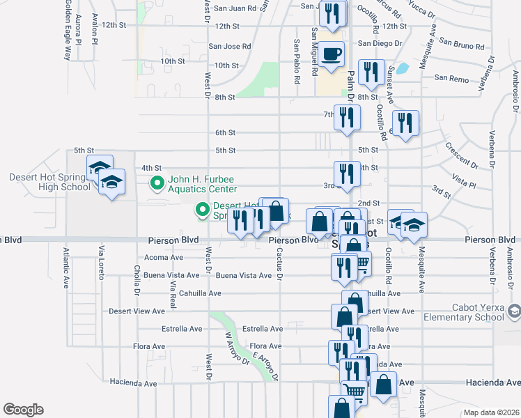 map of restaurants, bars, coffee shops, grocery stores, and more near 66199 2nd Street in Desert Hot Springs