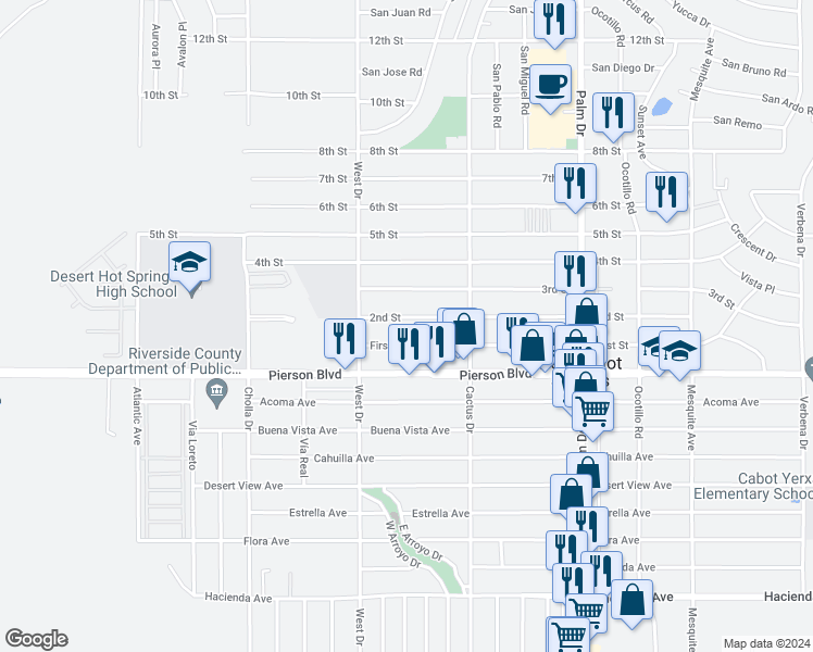 map of restaurants, bars, coffee shops, grocery stores, and more near 66097 2nd Street in Desert Hot Springs