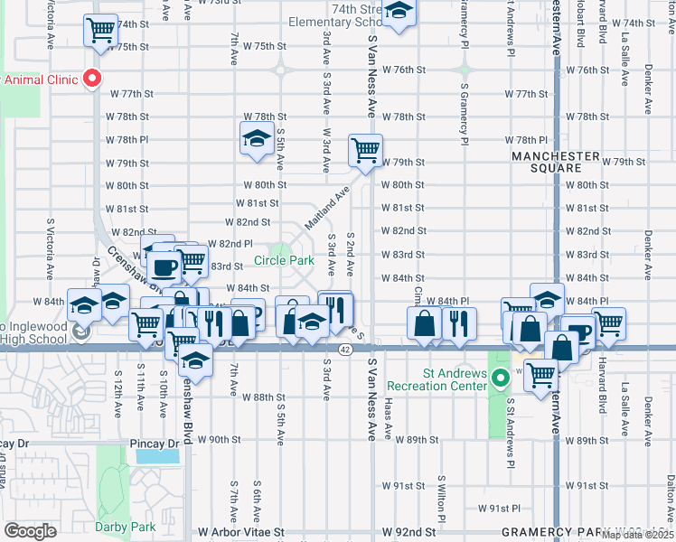 map of restaurants, bars, coffee shops, grocery stores, and more near 8316 South 3rd Avenue in Inglewood