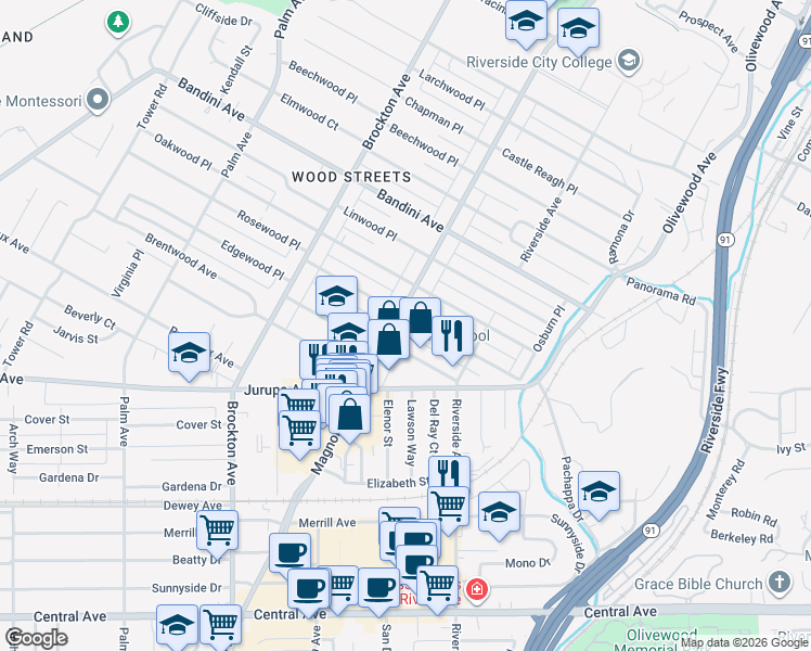 map of restaurants, bars, coffee shops, grocery stores, and more near 5726 Magnolia Avenue in Riverside