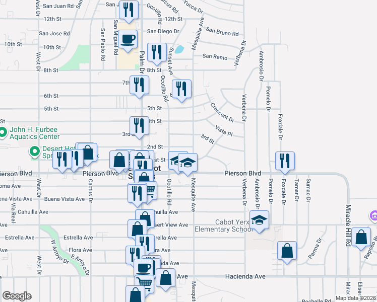 map of restaurants, bars, coffee shops, grocery stores, and more near 66669 2nd Street in Desert Hot Springs