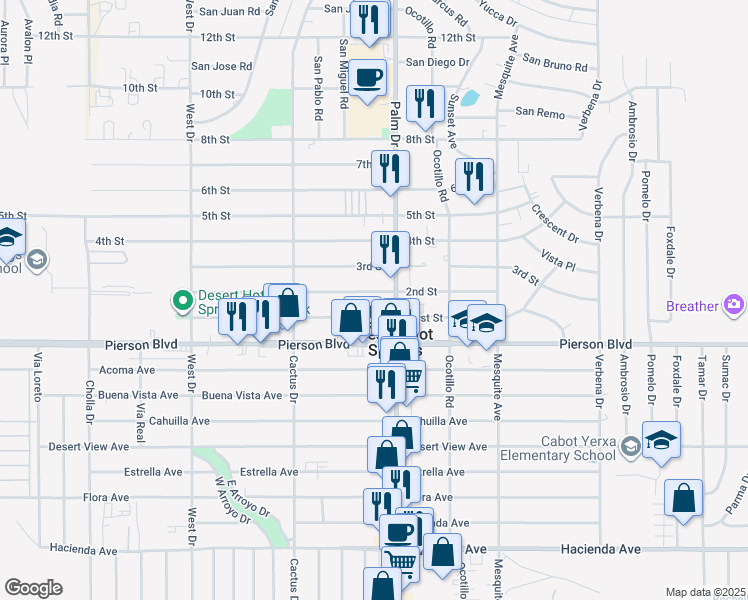 map of restaurants, bars, coffee shops, grocery stores, and more near 66445 2nd Street in Desert Hot Springs