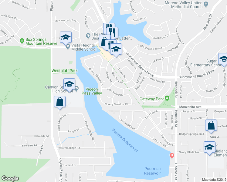 map of restaurants, bars, coffee shops, grocery stores, and more near 23580 Lake Valley Drive in Moreno Valley