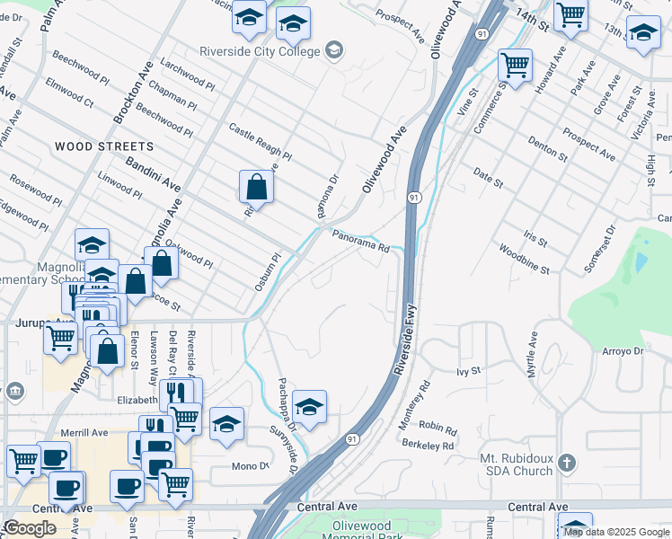map of restaurants, bars, coffee shops, grocery stores, and more near 3250 Panorama Road in Riverside