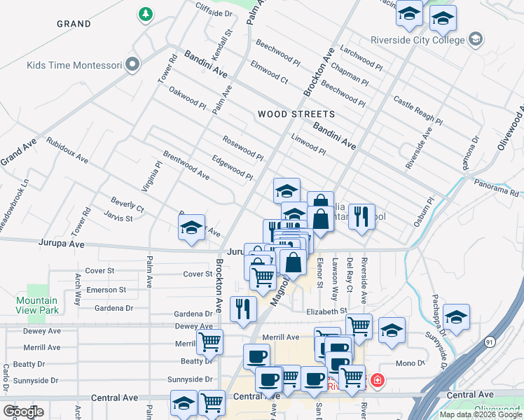 map of restaurants, bars, coffee shops, grocery stores, and more near 4071 Maplewood Place in Riverside